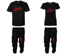 Load image into Gallery viewer, Hubby and Wifey shirts and jogger pants, matching top and bottom set, Black t shirts, men joggers, shirt and jogger pants women. Matching couple joggers