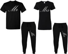 Load image into Gallery viewer, Mr and Mrs shirts and jogger pants, matching top and bottom set, Black t shirts, men joggers, shirt and jogger pants women. Matching couple joggers