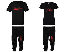 Load image into Gallery viewer, Hubby and Wifey shirts and jogger pants, matching top and bottom set, Black t shirts, men joggers, shirt and jogger pants women. Matching couple joggers