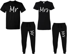 Load image into Gallery viewer, Mr and Mrs shirts and jogger pants, matching top and bottom set, Black t shirts, men joggers, shirt and jogger pants women. Matching couple joggers
