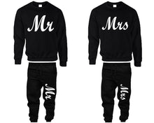 Load image into Gallery viewer, Mr and Mrs top and bottom sets. Black sweatshirt and sweatpants set for men, sweater and jogger pants for women.