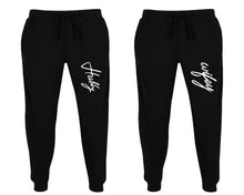 Load image into Gallery viewer, Hubby and Wifey matching jogger pants, Black sweatpants for mens, jogger set womens. Matching couple joggers.
