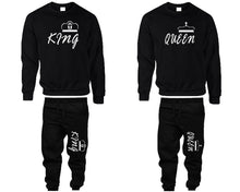 Load image into Gallery viewer, King and Queen top and bottom sets. Black sweatshirt and sweatpants set for men, sweater and jogger pants for women.