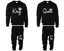 Load image into Gallery viewer, King Queen top and bottom sets. Black sweatshirt and sweatpants set for men, sweater and jogger pants for women.