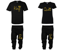 將圖片載入圖庫檢視器 King and Queen shirts and jogger pants, matching top and bottom set, Black t shirts, men joggers, shirt and jogger pants women. Matching couple joggers