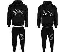 Load image into Gallery viewer, Hubby and Wifey matching top and bottom set, Black pullover hoodie and sweatpants sets for mens, pullover hoodie and jogger set womens. Matching couple joggers.