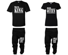 Load image into Gallery viewer, Her King and His Queen shirts and jogger pants, matching top and bottom set, Black t shirts, men joggers, shirt and jogger pants women. Matching couple joggers