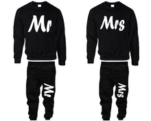 Load image into Gallery viewer, Mr and Mrs top and bottom sets. Black sweatshirt and sweatpants set for men, sweater and jogger pants for women.