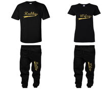 Load image into Gallery viewer, Hubby and Wifey shirts and jogger pants, matching top and bottom set, Black t shirts, men joggers, shirt and jogger pants women. Matching couple joggers