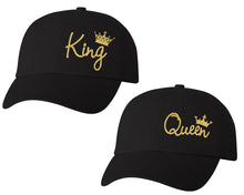 Load image into Gallery viewer, King and Queen matching caps for couples, Black baseball caps.Gold Glitter color Vinyl Design