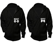 Load image into Gallery viewer, Beast and Beauty zipper hoodies, Matching couple hoodies, Black zip up hoodie for man, Black zip up hoodie womens