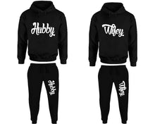Load image into Gallery viewer, Hubby and Wifey matching top and bottom set, Black pullover hoodie and sweatpants sets for mens, pullover hoodie and jogger set womens. Matching couple joggers.