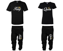 將圖片載入圖庫檢視器 King and Queen shirts and jogger pants, matching top and bottom set, Black t shirts, men joggers, shirt and jogger pants women. Matching couple joggers
