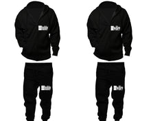 Load image into Gallery viewer, Hubby and Wifey zipper hoodies, Matching couple hoodies, Black zip up hoodie for man, Black zip up hoodie womens, Black jogger pants for man and woman.