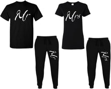Load image into Gallery viewer, Mr and Mrs shirts and jogger pants, matching top and bottom set, Black t shirts, men joggers, shirt and jogger pants women. Matching couple joggers