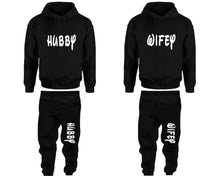 Load image into Gallery viewer, Hubby and Wifey matching top and bottom set, Black pullover hoodie and sweatpants sets for mens, pullover hoodie and jogger set womens. Matching couple joggers.