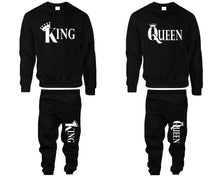 Load image into Gallery viewer, King and Queen top and bottom sets. Black sweatshirt and sweatpants set for men, sweater and jogger pants for women.