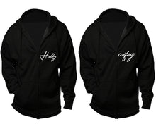 Load image into Gallery viewer, Hubby and Wifey zipper hoodies, Matching couple hoodies, Black zip up hoodie for man, Black zip up hoodie womens
