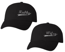Load image into Gallery viewer, Hubby and Wifey matching caps for couples, Black baseball caps.Silver Glitter color Vinyl Design