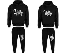 Load image into Gallery viewer, Hubby and Wifey matching top and bottom set, Black pullover hoodie and sweatpants sets for mens, pullover hoodie and jogger set womens. Matching couple joggers.