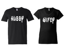 Load image into Gallery viewer, Hubby and Wifey matching couple v-neck shirts.Couple shirts, Black v neck t shirts for men, v neck t shirts women. Couple matching shirts.