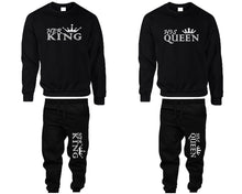將圖片載入圖庫檢視器 Her King and His Queen top and bottom sets. Black sweatshirt and sweatpants set for men, sweater and jogger pants for women.