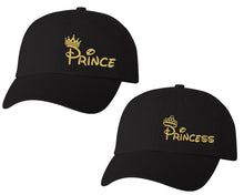 Load image into Gallery viewer, Prince and Princess matching caps for couples, Black baseball caps.Gold Glitter color Vinyl Design