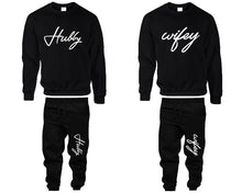 將圖片載入圖庫檢視器 Hubby Wifey top and bottom sets. Black sweatshirt and sweatpants set for men, sweater and jogger pants for women.