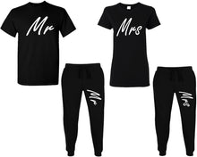 將圖片載入圖庫檢視器 Mr and Mrs shirts and jogger pants, matching top and bottom set, Black t shirts, men joggers, shirt and jogger pants women. Matching couple joggers