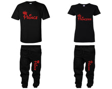 將圖片載入圖庫檢視器 Prince and Princess shirts and jogger pants, matching top and bottom set, Black t shirts, men joggers, shirt and jogger pants women. Matching couple joggers