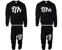 Load image into Gallery viewer, Mr and Mrs top and bottom sets. Black sweatshirt and sweatpants set for men, sweater and jogger pants for women.