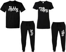 Load image into Gallery viewer, Hubby and Wifey shirts and jogger pants, matching top and bottom set, Black t shirts, men joggers, shirt and jogger pants women. Matching couple joggers