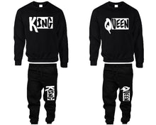 將圖片載入圖庫檢視器 King and Queen top and bottom sets. Black sweatshirt and sweatpants set for men, sweater and jogger pants for women.