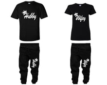 Load image into Gallery viewer, Hubby and Wifey shirts and jogger pants, matching top and bottom set, Black t shirts, men joggers, shirt and jogger pants women. Matching couple joggers