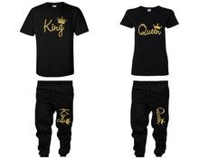 將圖片載入圖庫檢視器 King and Queen shirts and jogger pants, matching top and bottom set, Black t shirts, men joggers, shirt and jogger pants women. Matching couple joggers