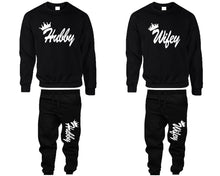Load image into Gallery viewer, Hubby and Wifey top and bottom sets. Black sweatshirt and sweatpants set for men, sweater and jogger pants for women.