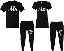 Load image into Gallery viewer, Mr and Mrs shirts and jogger pants, matching top and bottom set, Black t shirts, men joggers, shirt and jogger pants women. Matching couple joggers