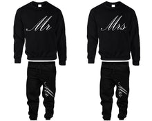 Load image into Gallery viewer, Mr and Mrs top and bottom sets. Black sweatshirt and sweatpants set for men, sweater and jogger pants for women.