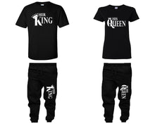 Load image into Gallery viewer, Her King and His Queen shirts and jogger pants, matching top and bottom set, Black t shirts, men joggers, shirt and jogger pants women. Matching couple joggers