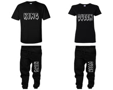 將圖片載入圖庫檢視器 King and Queen shirts and jogger pants, matching top and bottom set, Black t shirts, men joggers, shirt and jogger pants women. Matching couple joggers