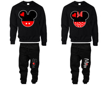將圖片載入圖庫檢視器 Mickey Minnie top and bottom sets. Black sweatshirt and sweatpants set for men, sweater and jogger pants for women.