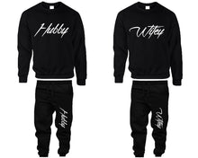 將圖片載入圖庫檢視器 Hubby and Wifey top and bottom sets. Black sweatshirt and sweatpants set for men, sweater and jogger pants for women.