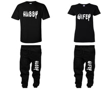 Load image into Gallery viewer, Hubby and Wifey shirts and jogger pants, matching top and bottom set, Black t shirts, men joggers, shirt and jogger pants women. Matching couple joggers