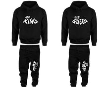 Load image into Gallery viewer, Her King and His Queen matching top and bottom set, Black pullover hoodie and sweatpants sets for mens, pullover hoodie and jogger set womens. Matching couple joggers.