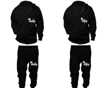 Load image into Gallery viewer, Hubby and Wifey zipper hoodies, Matching couple hoodies, Black zip up hoodie for man, Black zip up hoodie womens, Black jogger pants for man and woman.