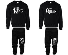 將圖片載入圖庫檢視器 Her King and His Queen top and bottom sets. Black sweatshirt and sweatpants set for men, sweater and jogger pants for women.