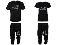 將圖片載入圖庫檢視器 King and Queen shirts and jogger pants, matching top and bottom set, Black t shirts, men joggers, shirt and jogger pants women. Matching couple joggers