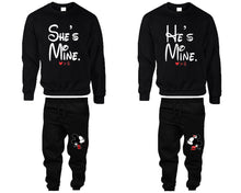Load image into Gallery viewer, She's Mine He's Mine top and bottom sets. Black sweatshirt and sweatpants set for men, sweater and jogger pants for women.