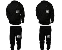 Load image into Gallery viewer, King and Queen zipper hoodies, Matching couple hoodies, Black zip up hoodie for man, Black zip up hoodie womens, Black jogger pants for man and woman.