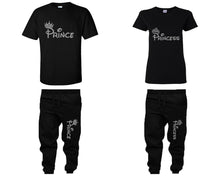 Load image into Gallery viewer, Prince and Princess shirts and jogger pants, matching top and bottom set, Black t shirts, men joggers, shirt and jogger pants women. Matching couple joggers